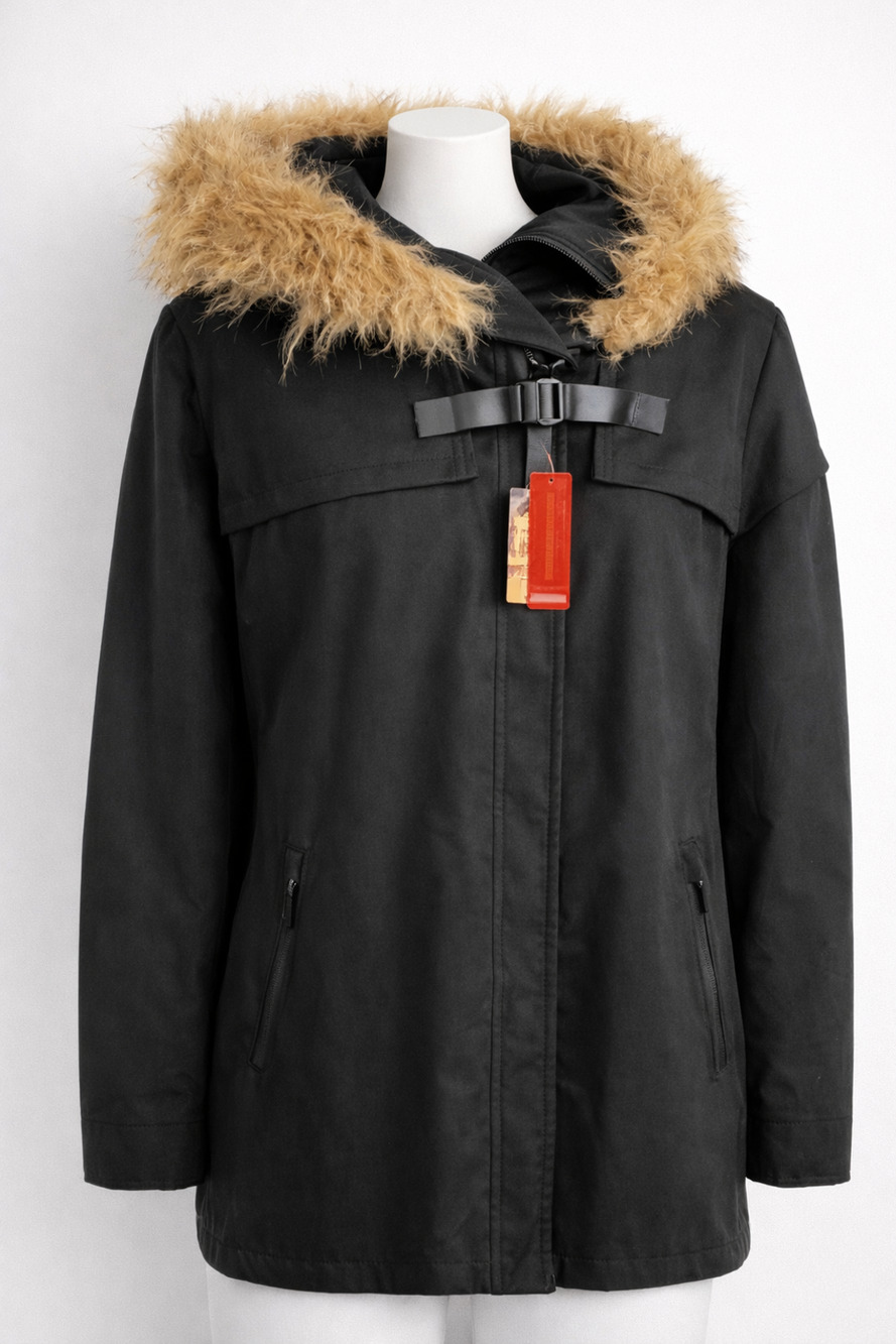 Yoki Women's 3XL Black Winter Coat Faux Fur Hood Toggle Belted NWT